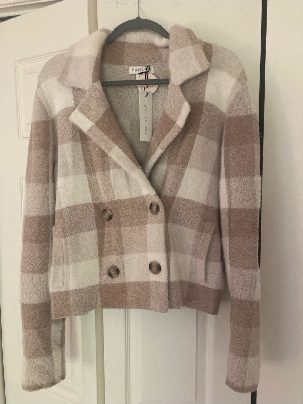 Rachel Zoe Cropped Double-Breasted Plaid Pea Coat - Beige & Cream